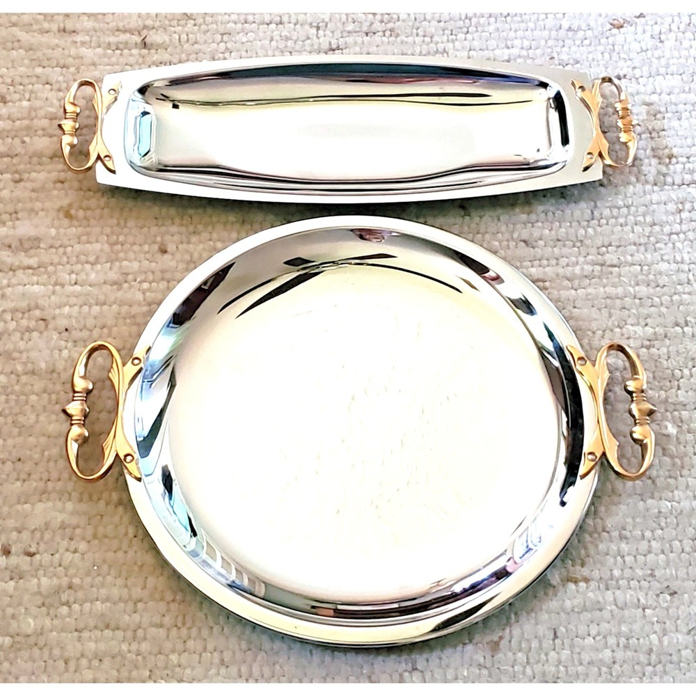 2 VTG Kromex Chrome Serving Trays Gold Handles‎ Mid Century Modern Round Oblong